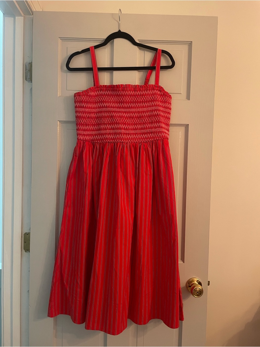 J Crew Red Striped Sundress with Smocked Bodice and Pockets